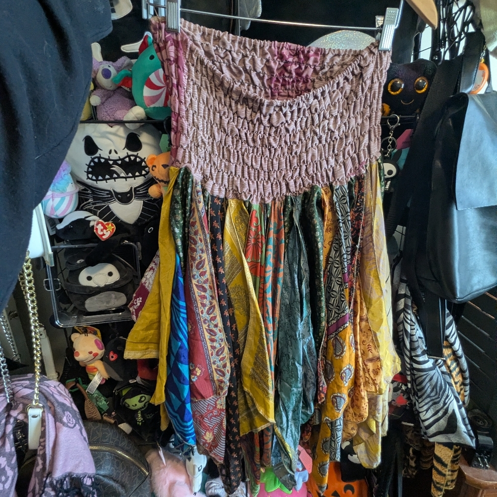 Boho Patchwork Sari Silk Handkerchief Skirt - Picture 2 of 4
